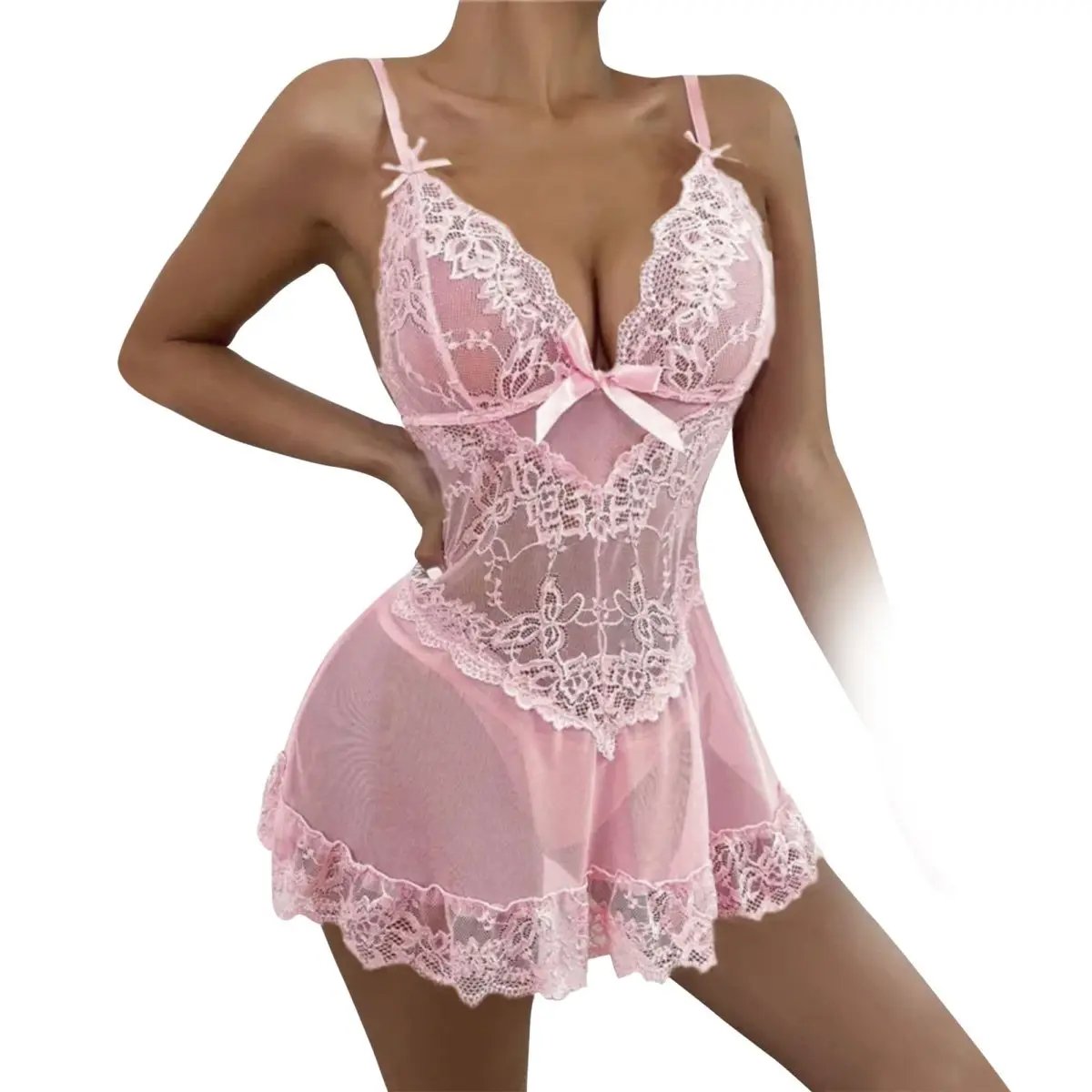 Love Salve Lingerie Lace Nightgown Dress – Babydoll Sleeveless See Through Sleepwear - Love Salve